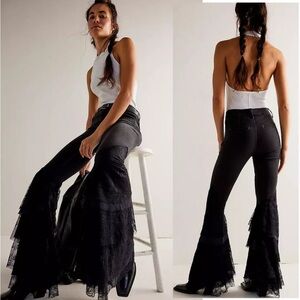NWT Free People We The Free Mystique Lace Flare Jeans Black Sz 24 Festival Boho